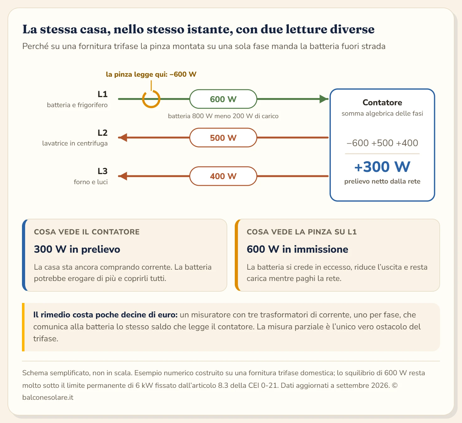 Schema di una fornitura trifase con tre linee: sulla fase L1 una batteria immette 800 watt mentre un carico ne assorbe 200, quindi il saldo di fase è 600 watt in immissione; sulla fase L2 i carichi assorbono 500 watt; sulla fase L3 assorbono 400 watt. Il contatore somma algebricamente le tre fasi e registra un prelievo netto di 300 watt. Una pinza amperometrica installata sulla sola fase L1 legge invece 600 watt in immissione e fa credere alla batteria di stare regalando energia alla rete.